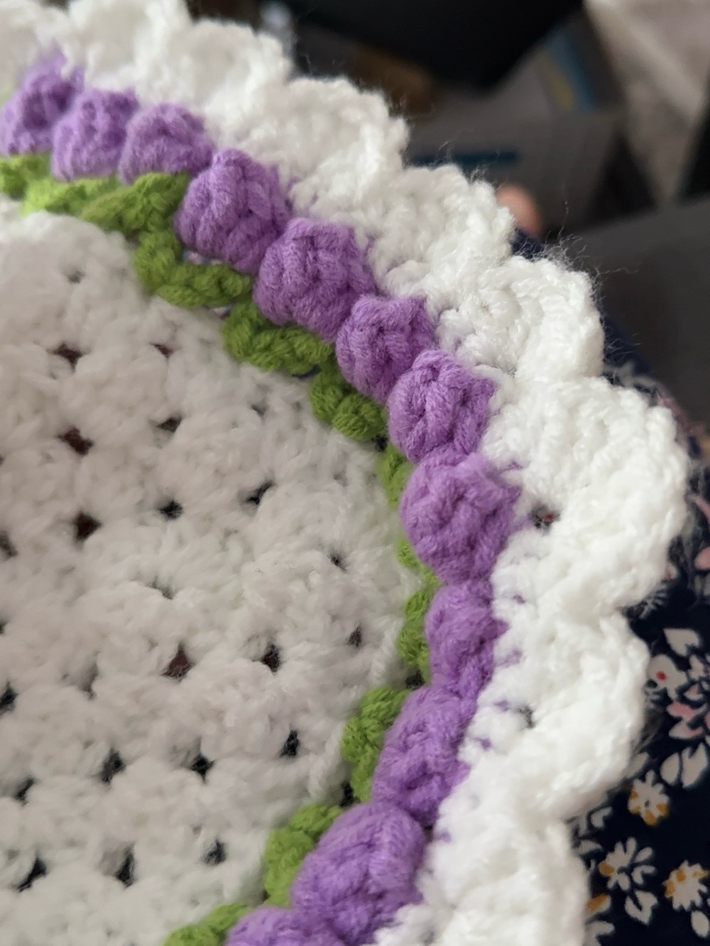 Crocheted White Bandana with Purple Tulips